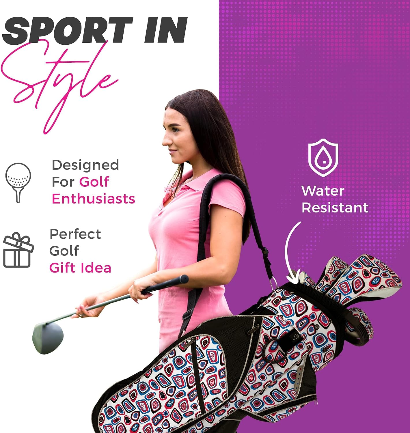 Taboo Fashions Ladies Golf Bag - 14-Way Women’s Golf Cart Bag with Insulated Cooler Pocket, Rain Hood, 7 Zippered Pockets & More - Stylish Golf Accessories for Women