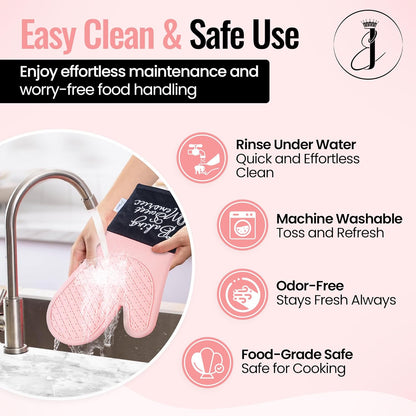 Mitts - Long Slip Resistant Pot Holders - Silicone Oven Mitts - Baking Gloves for Oven - Perfect for Baking, BBQ, Cooking, and Grilling, Oven Mitts Set of 2, 7''x13'' (Pink)