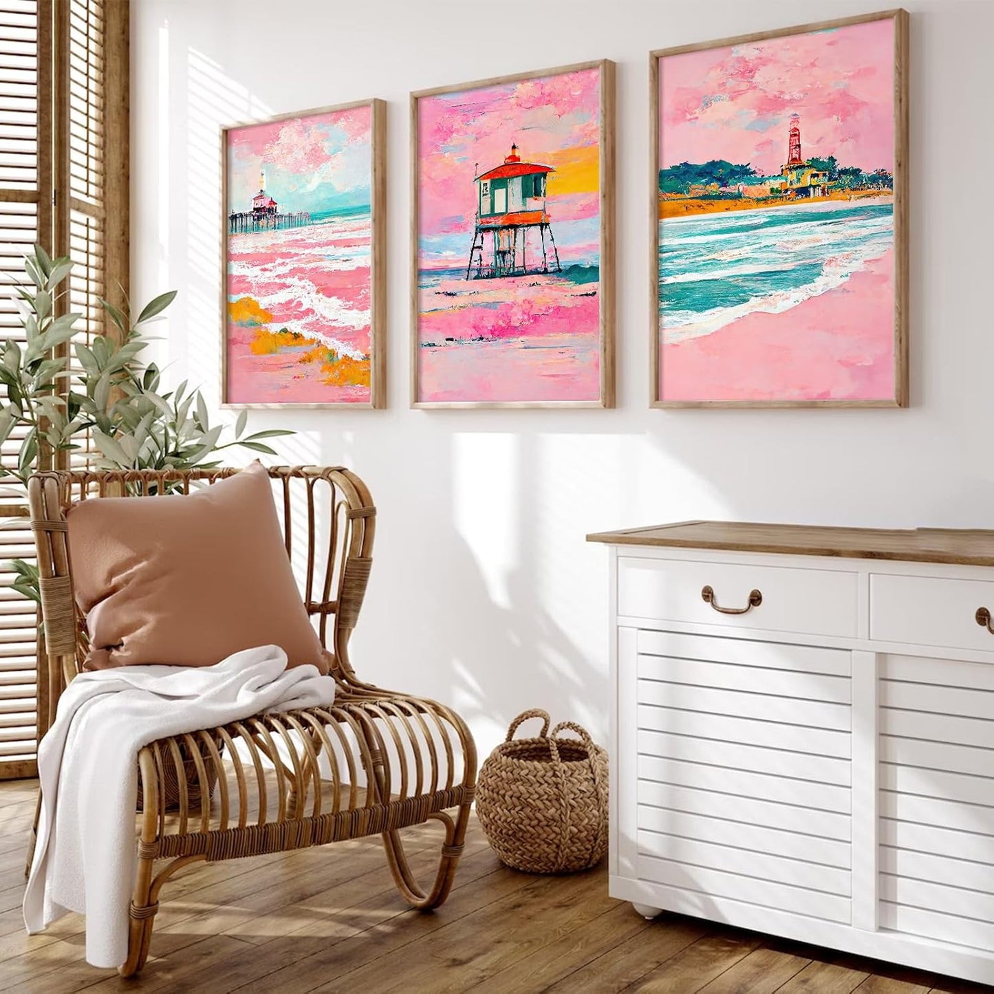 Beach Boho Wall Art Prints Set of 3 Preppy Coastal Wall Decor Pictures Pink Beach Canvas Wall Decor Art Pastel Surf Art Lighthouse Poster Coastal Artwork for Living Room Bedroom 16x24 Inch Unframed