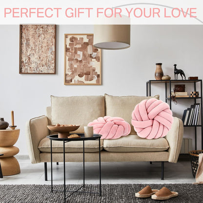 Fumete 2 Pcs 14 Inches Knot Pillow Round Throw Soft Plush Knot Ball Pillow Handmade Knotted Modern Home Decorative Cushion for Bed Bedroom, Sofa, Couch (Light Pink)