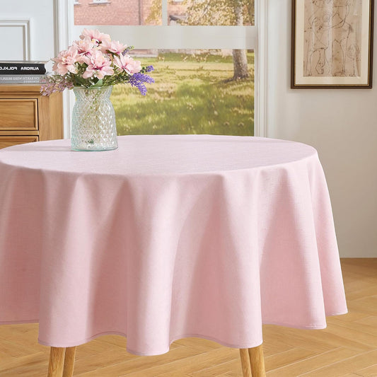 Light Pink Round Tablecloth, 60 Inch | Faux Linen, Textured Soft Fabric, Spill Resistant, Rustic Farmhouse