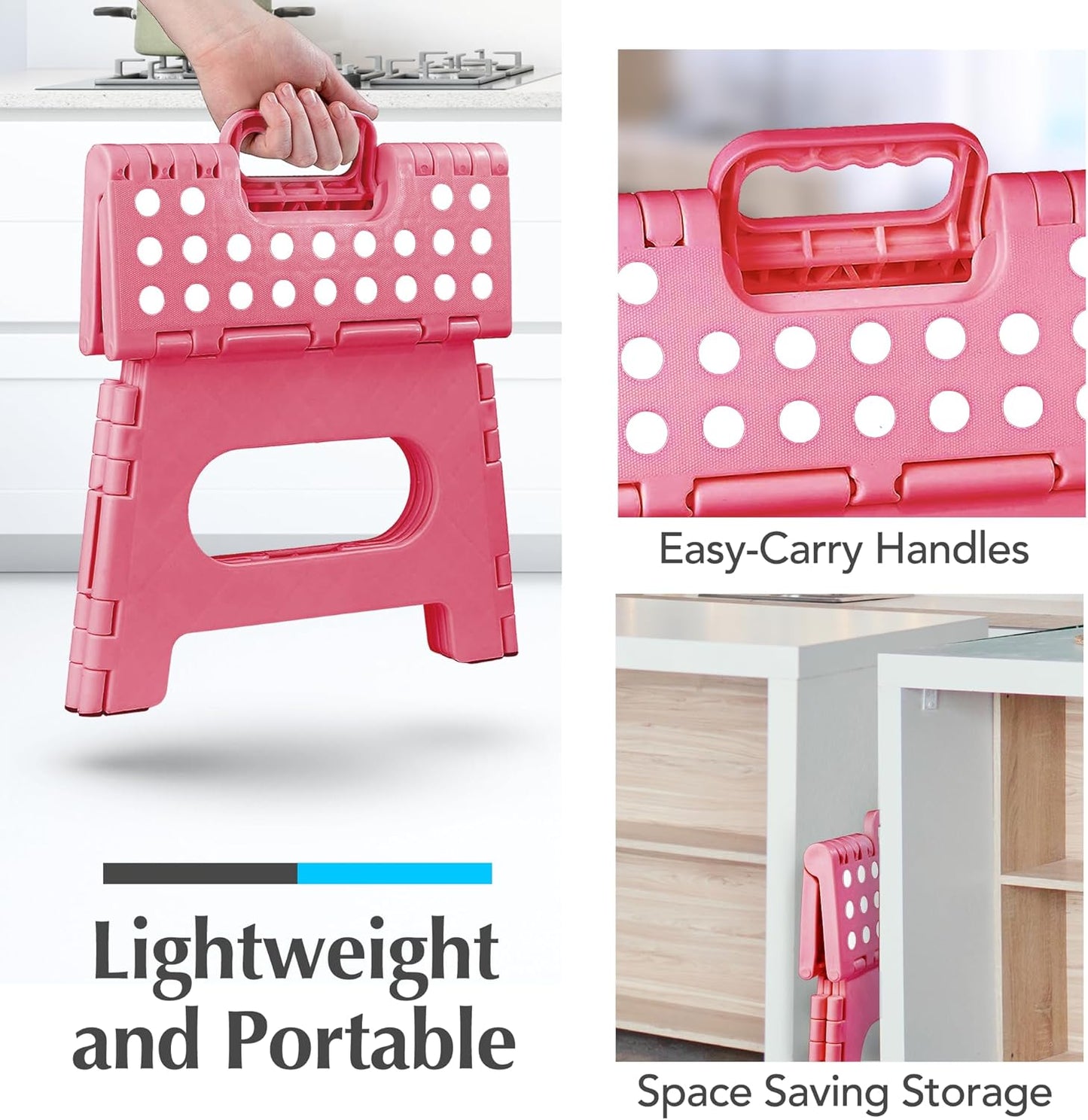 Handy Laundry Folding Step Stool for Adults & Kids, 9 Inch Sturdy Plastic Step Stool Foldable with Handle, Non-Slip, 300 lb Capacity, Lightweight & Compact for Kitchen, Bathroom, Bedroom, Pink