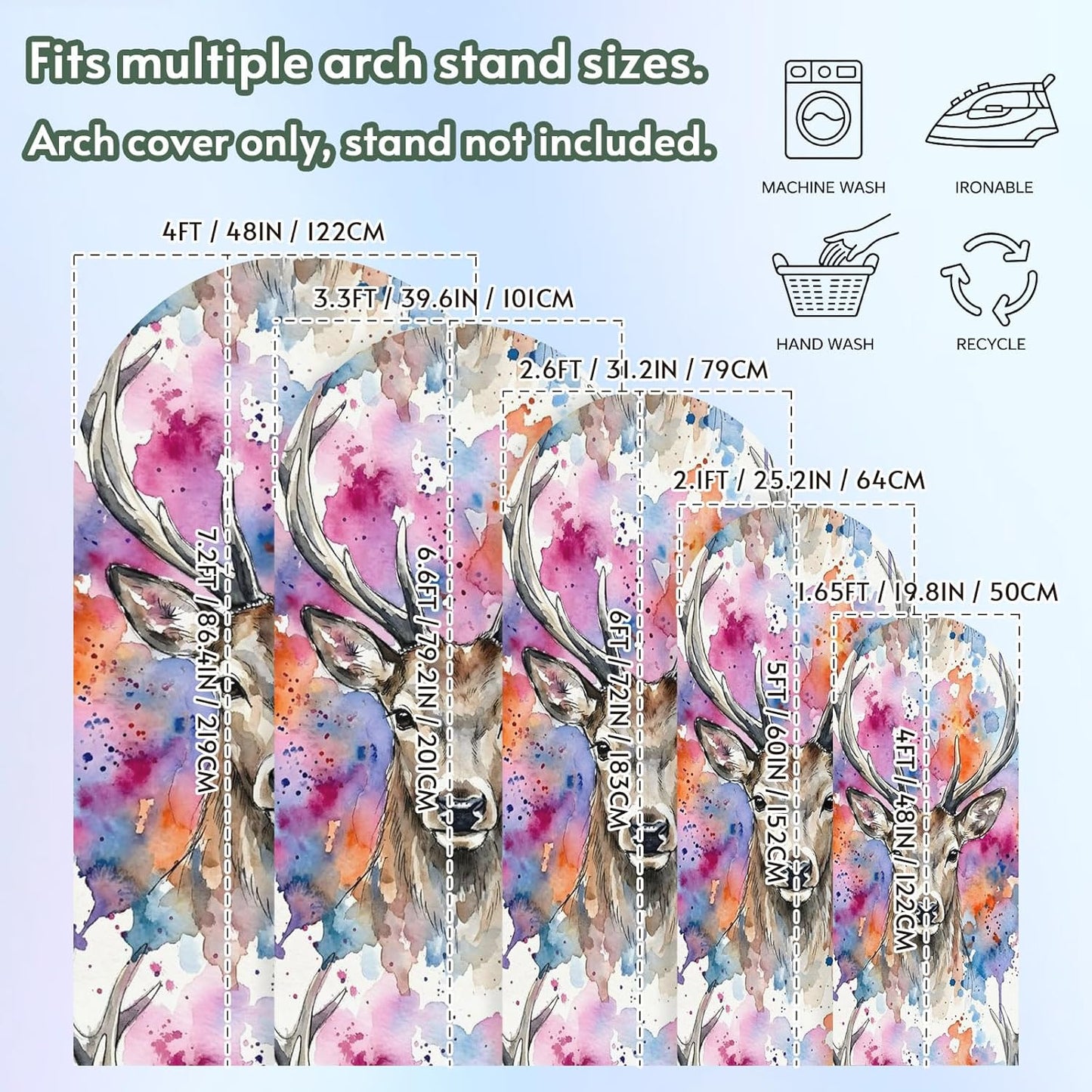 Elk Arch Backdrop Cover 6.6FT, Pink Purple Blue Watercolor Splashes Splatter Animal Spandex Fitted Stretchy Arch Stand Covers, Round Top Chiara Backdrop Cover for Wedding Party Birthday Baby Shower