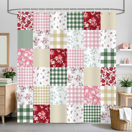 Cute Checkered Floral Shower Curtain, Boho Pink Green Patchwork Flower Plaid Retro Shower Curtain for Bathroom Waterproof Polyester Fabric with 12 Hooks, 72 x 72 Inches