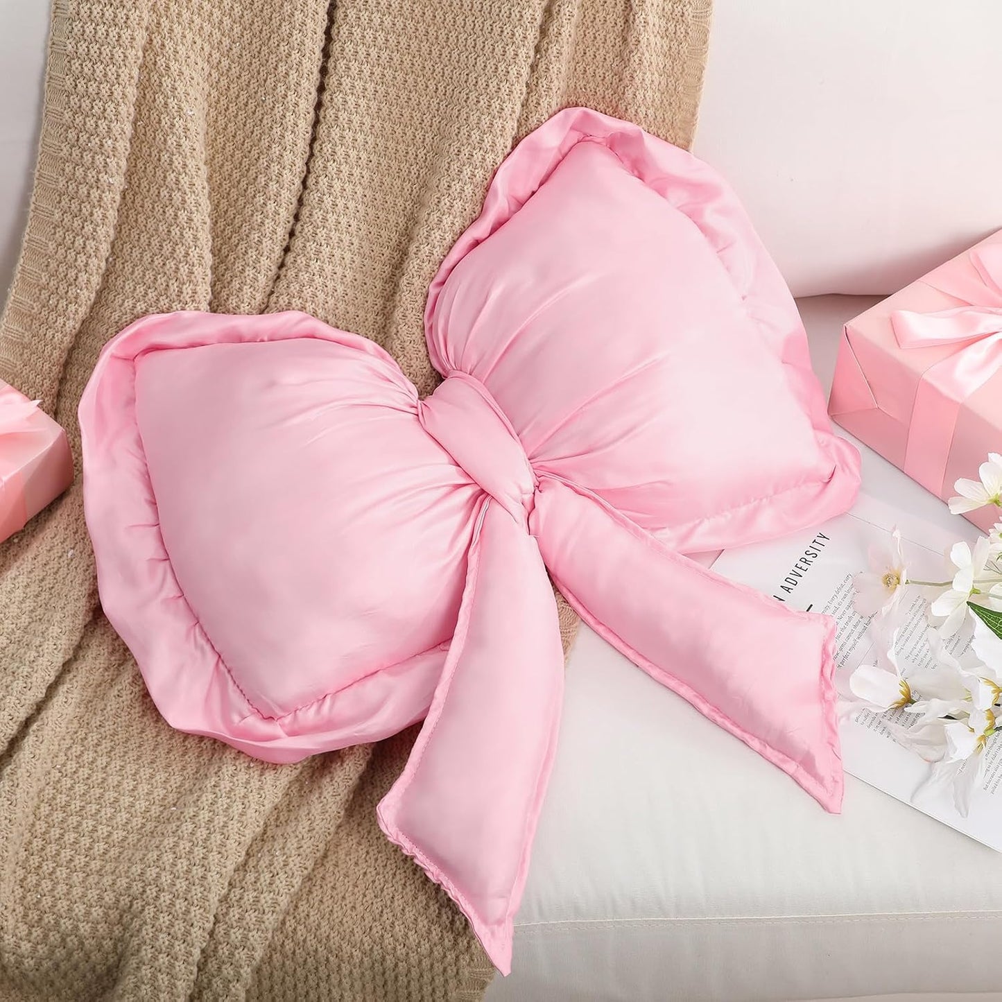 SmoothNovelty Pink Bow Pillow Large Decorative Soft Pillow 18 x 16 Inch Coquette Bow Room Decor Soft Bowknot Decorations for Cushion Bed Sofa Couch Home Decorations