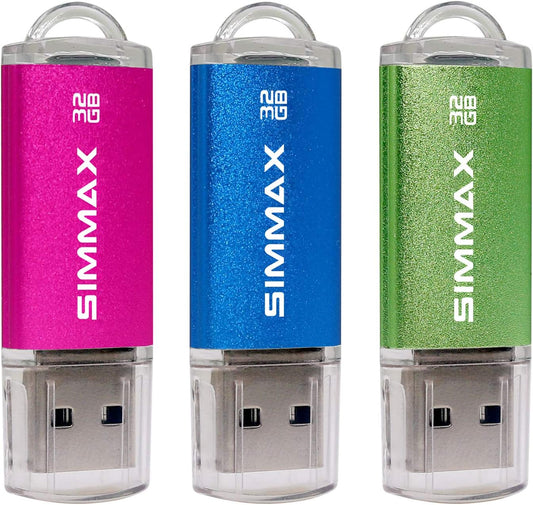 SIMMAX Memory Stick 32GB 3 Pack 32GB USB 2.0 Flash Drives Thumb Drive Pen Drive (32GB Pink Blue Green)