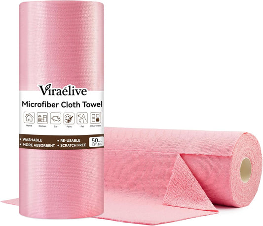 Microfiber Cleaning Cloth Roll, 50 Tear-Away Sheets, Reusable & Washable, Lint-Free, Non-Scratch Super Absorbent Towels for Kitchen, Home, Car, Windows & Screens, Pink Wave Pattern, 12x12 in