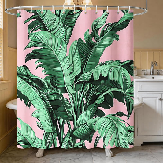 Tropical Shower Curtain, Botanical Shower Curtains for Bathroom Clearance, Pink Bathroom Curtain Set, Palm Tree Decorative Bath Curtains, Waterproof, with Hooks, Machine Washable 72x72 in