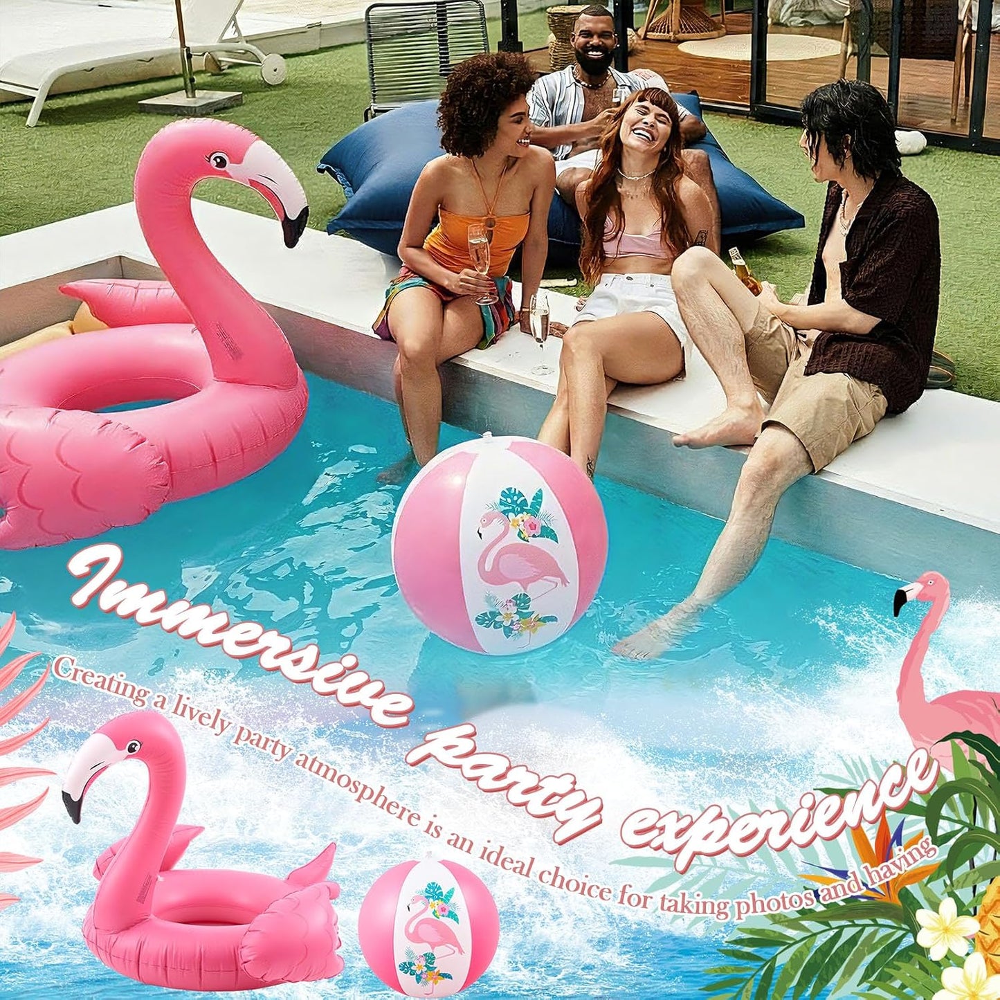 Inflatable Flamingo Pool Float with 2 Beach Balls, 45'' Giant Flamingo Floaties Swimming Tube Rings for Adults, Thick PVC Pink Floating Raft for Summer Pool Party Beach Lake
