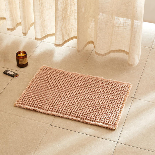 TYUU Waffle Bath Mat, Boho Bathroom Rugs Non Slip Washable Super Absorbent Quick Dry Bath Mat Farmhouse Bathroom Decor, 24"x16" Light Peach