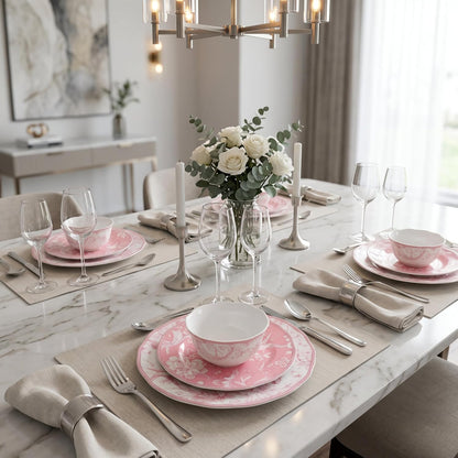 222 Fifth Adelaide Blush 12-Piece Pink Porcelain Dinnerware Set – Service for 4, Big Dinner Plates and Bowls Sets, White with Pink Floral Pattern, for Daily Entertainment, Microwave & Dishwasher Safe
