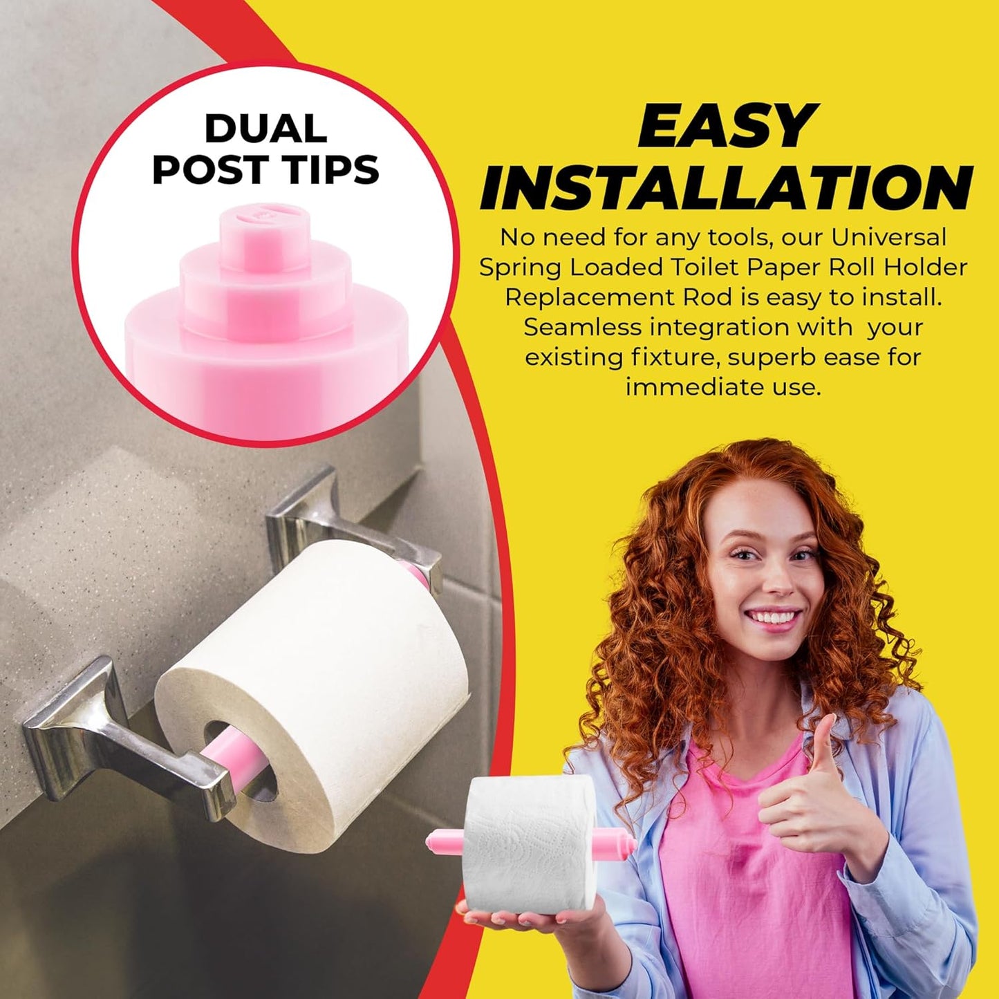 Qualihome Pink Universal Plastic Spring Loaded Toilet Paper Roll Holder Replacement Rod, Pink Toilet Paper Roll Replacement Rod