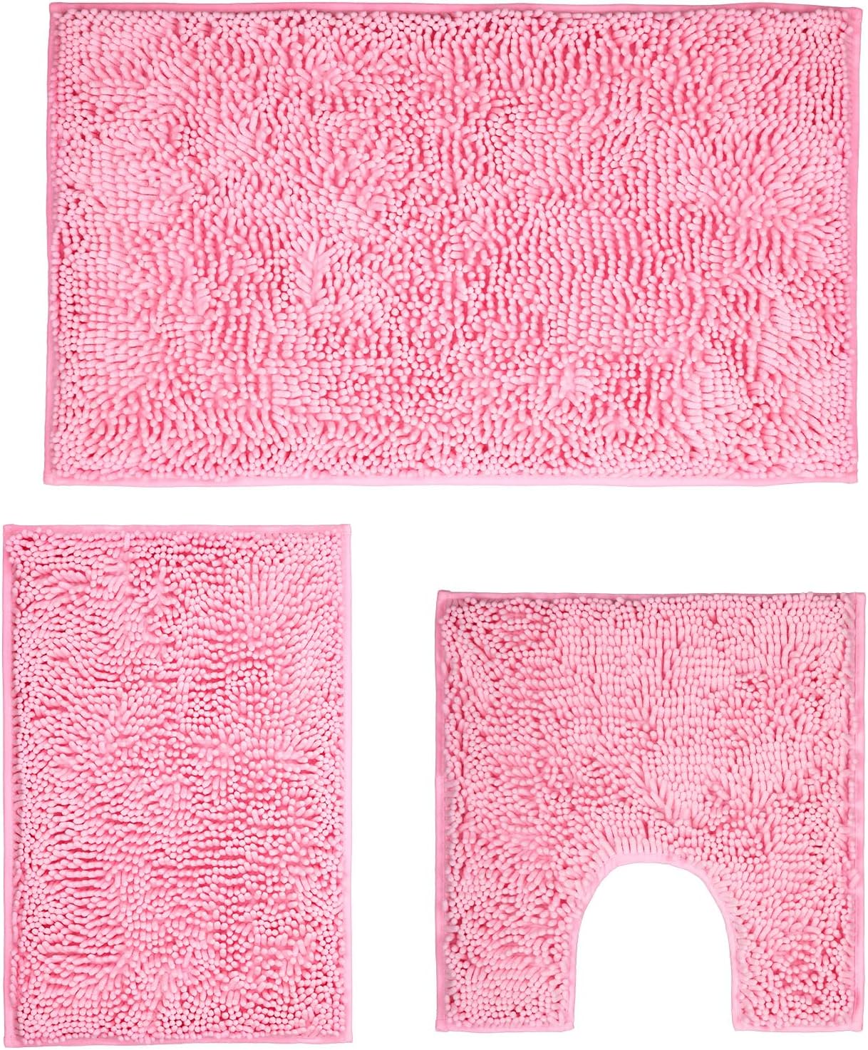 Pink Bathroom Rugs Sets 3 Piece Washable, Luxury ，Chenille Bath Mat Set, Soft Plush Anti-Slip Rectangular Bath， Rug Super Absorbent.3 Pieces Bathroom (Pink, 32"x20"+24"x16"+U Shape 20"x20")