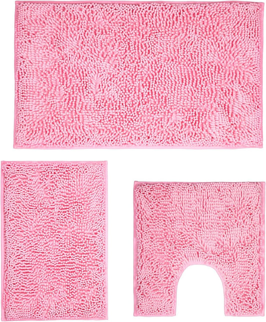 Pink Bathroom Rugs Sets 3 Piece Washable, Luxury ，Chenille Bath Mat Set, Soft Plush Anti-Slip Rectangular Bath， Rug Super Absorbent.3 Pieces Bathroom (Pink, 32"x20"+24"x16"+U Shape 20"x20")
