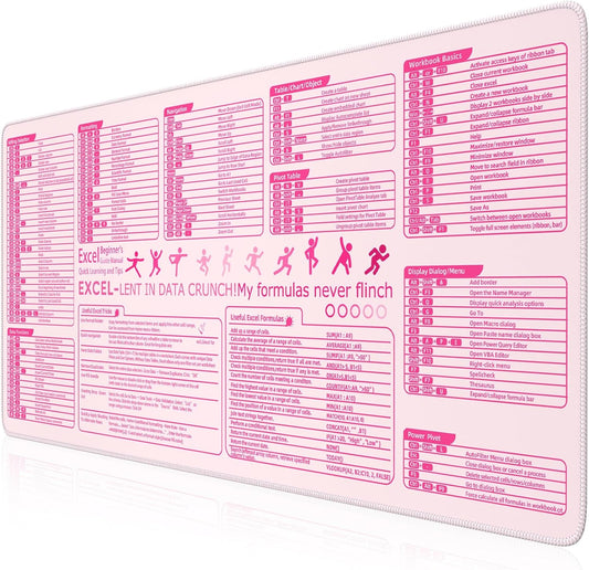 iCasso Pink Excel Cheat Sheet Desk Mat with Excel for Dummies,Excel Shortcuts Mousepad, Extended Large XXL Non-Slip Exel Mousepad with Stitched Edges,Computer Mats for Desktop Protector