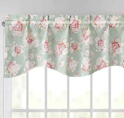 DaDa Bedding Floral Window Curtain Valance - Semi Sheer Natural Lighting Botanical Scalloped Tailored Edge - Hint of Mint Dainty Light Pastel Seafoam Green Pink Roses Kitchen Decor - 18" x 52"