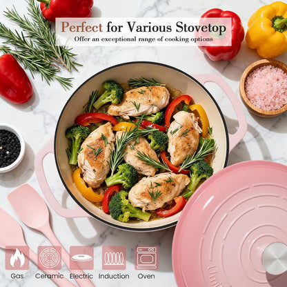 Umite Chef 6QT Enameled Cast Iron Dutch Oven with Lid, Versatile Heavy-Duty Cookware Pot for Baking Bread, Braising, Soups & Stews, Oven & Stovetop Safe with Heat Resistant Gloves(Pink)