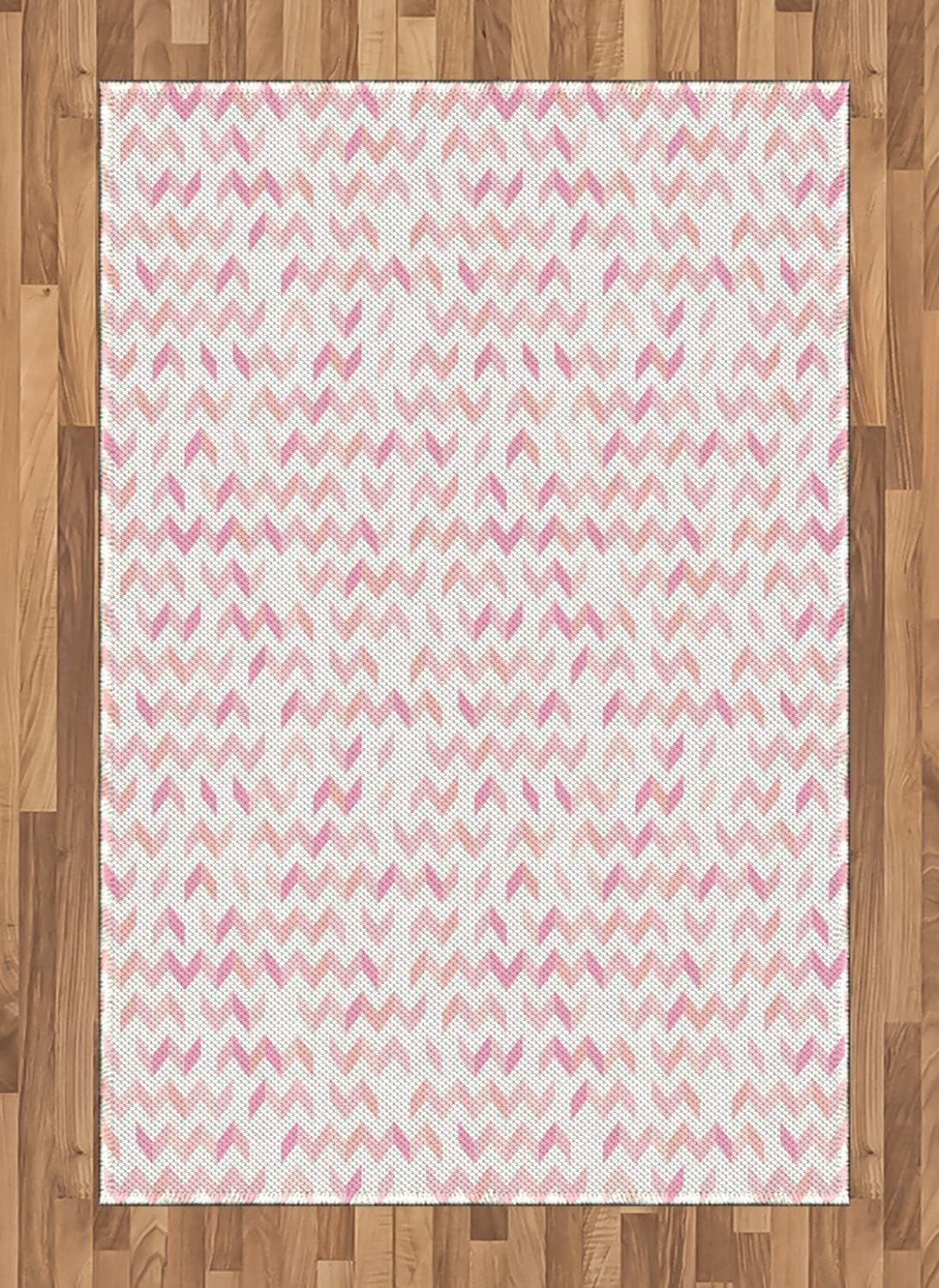 Lunarable Abstract Area Rug, Rhythmic Print of Zigzag Random Geometry Motifs Print on Plain Backdrop, Flat Woven Accent Rug for Living Room Bedroom Dining Room, 4' X 5' 7", White Rose and Peach