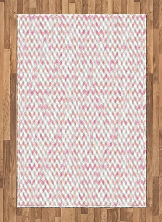 Lunarable Abstract Area Rug, Rhythmic Print of Zigzag Random Geometry Motifs Print on Plain Backdrop, Flat Woven Accent Rug for Living Room Bedroom Dining Room, 4' X 5' 7", White Rose and Peach