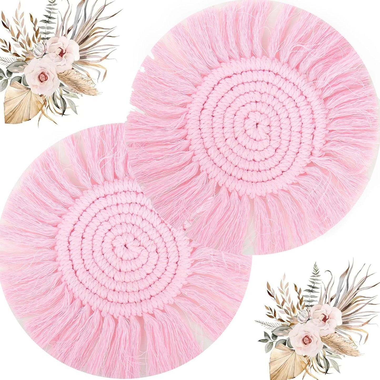 Boho Coasters Set of 2 for Drinks Absorbent, Macrame Cotton Coasters for Wooden Table Round Drink Coaster Set with Tassels Housewarming Gift Bar Coffee Table Office Desk Decor (Soft Pink)