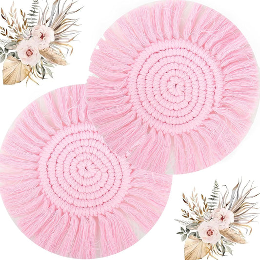Boho Coasters Set of 2 for Drinks Absorbent, Macrame Cotton Coasters for Wooden Table Round Drink Coaster Set with Tassels Housewarming Gift Bar Coffee Table Office Desk Decor (Soft Pink)