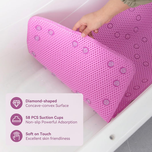 Bathtub Mat Non Slip, Soft Foam Bath Mat for Tub, Bathtub Mat with Drain Holes, Suction Cups Shower Mat (Pink, 36''X17'')