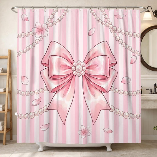 Bow Shower Curtain, Feminine Elegant Pearls Flowers Spring Peach Washable with Hooks Toile Cloth Shower Curtains for Bathroom Bathtub Apartment Decor 72x72 Inch