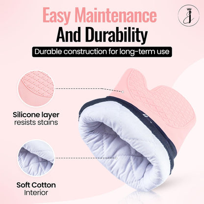 Mitts - Long Slip Resistant Pot Holders - Silicone Oven Mitts - Baking Gloves for Oven - Perfect for Baking, BBQ, Cooking, and Grilling, Oven Mitts Set of 2, 7''x13'' (Pink)