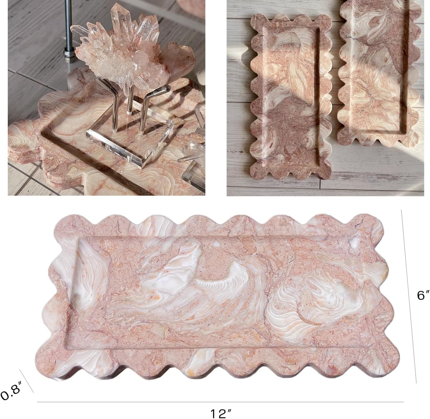 Natural Luxury Marble Vanity Tray Rectangle with Ruffles Serving Marble Storage for Bathroom, Kitchen, Plate Holder for Skincare Product, Perfume, and Food Home Décor (Shell Pink)