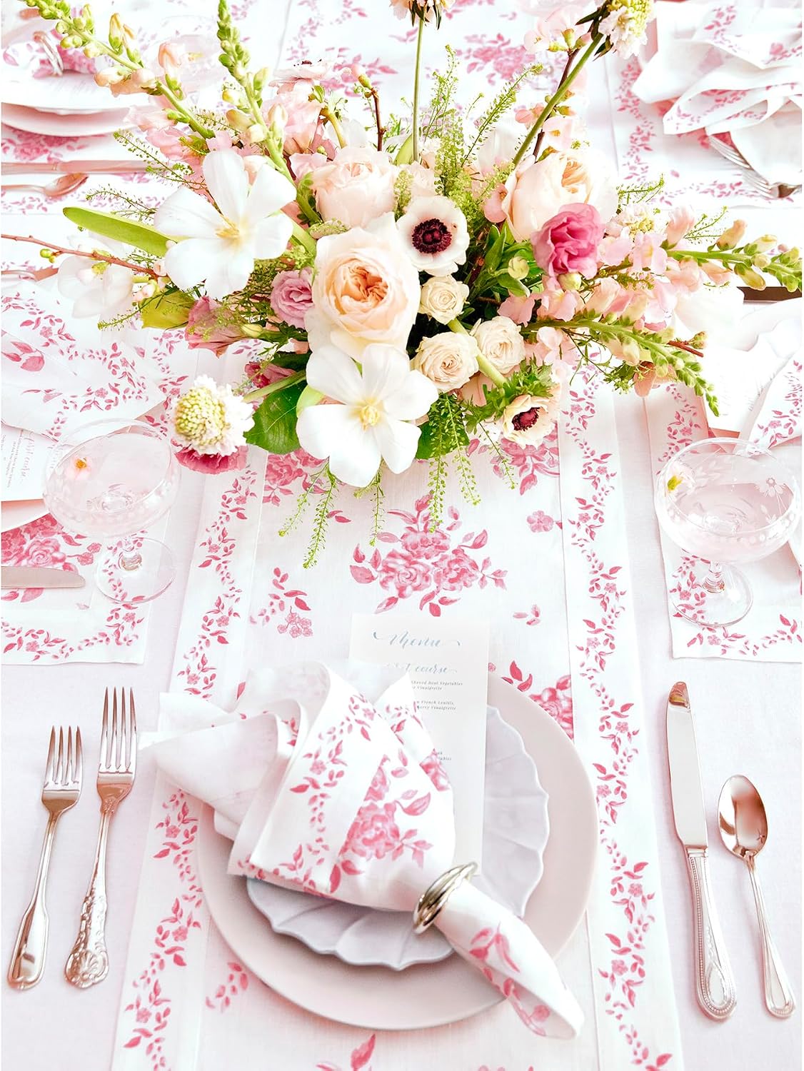 Solino Home Pink Floral Print Table Runner 72 Inches Long - 100% Pure Linen Table Runner 14 x 72 Inch for Spring, Summer - Handcrafted and Machine Washable - Jolie Fleur Print
