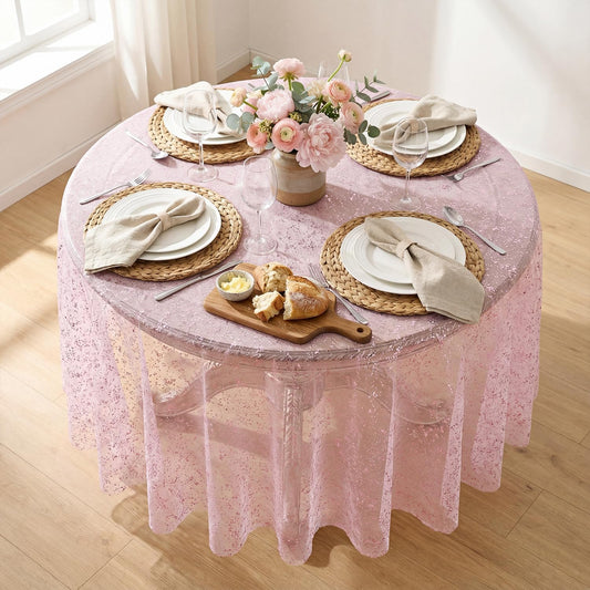 Horaldaily Pink Gold Gauze Tablecloth 60x60 Inch Round, Pink Sequin Glitter Metallic Foil, Sheer Tulle Cheesecloth for Wedding Baby Shower Ceremony Birthday