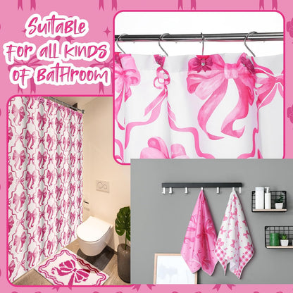 Fourluoo 18 Pcs Fabric Shower Curtain Set with 12 Decorative Shower Curtain Hooks Bathroom Towels Non Slip Absorbent Microfiber Rug for Modern Aesthetic Bathroom(Pink,Bow)
