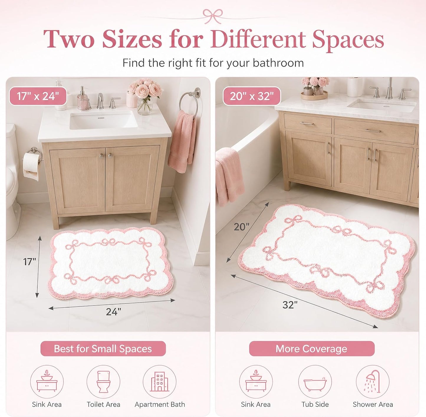 Pink Scalloped Bow Bathroom Rug - 20x32 Inch Cute Coquette & Preppy Bath Mat for Apartment, Vanity & Dorm, Soft Plush Microfiber Mat, Non-Slip & Washable