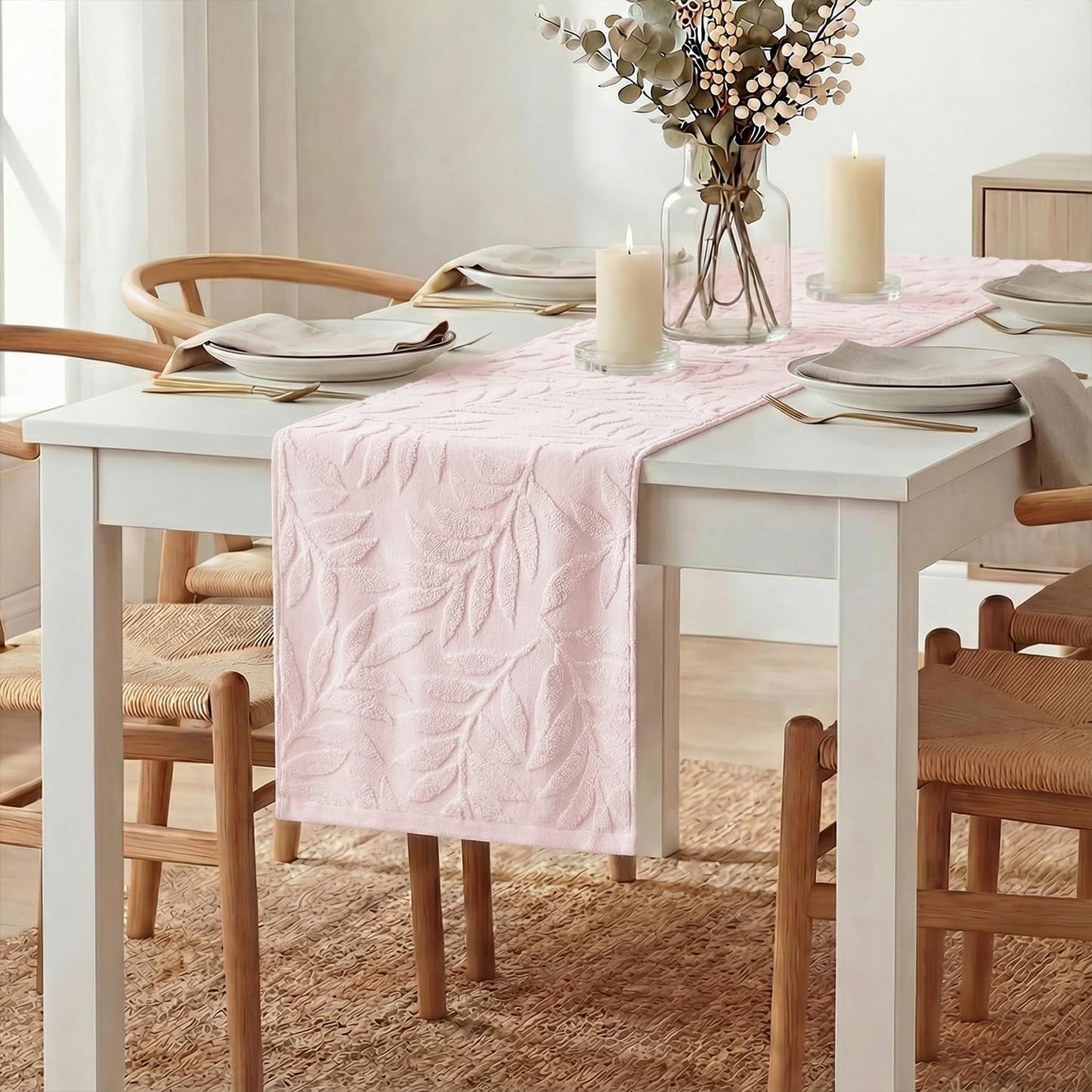 Artoid Mode Pink Soft 3D Jacquard Leaves 100%Cotton Spring Table Runner, Holiday Kitchen Dining Table Decoration for Home Party Decor 13x72 Inch