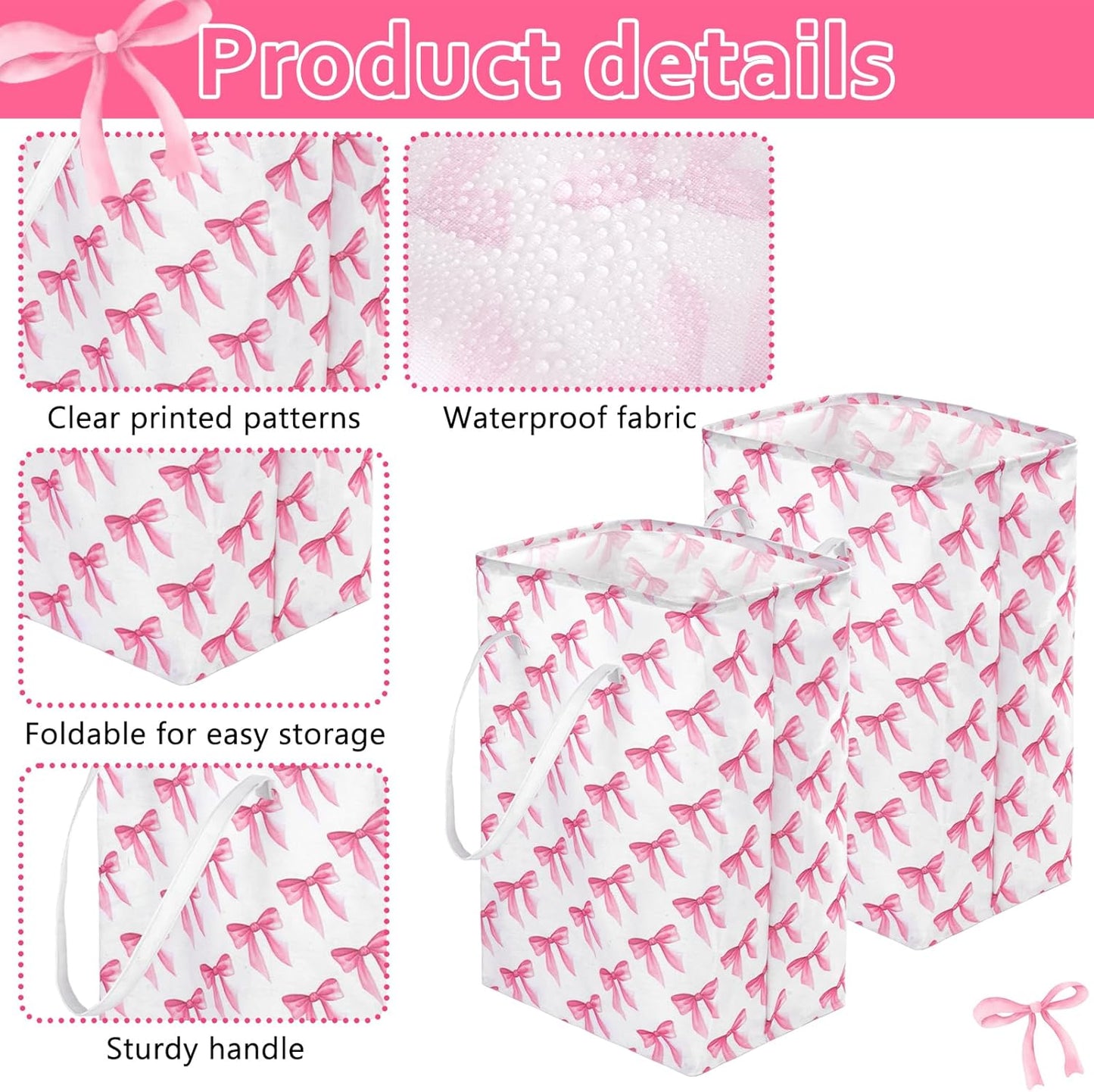2 Pack Pink Bow Large Collapsible Laundry Baskets, Bow Laundry Hamper with Handle, Collapsible Clothes Hamper in Room, Waterproof Canvas Fabric Storage, Bathroom Decor Collapsible Clothes Hamper