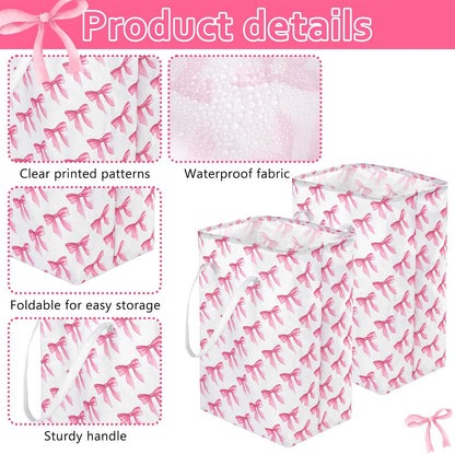 2 Pack Pink Bow Large Collapsible Laundry Baskets, Bow Laundry Hamper with Handle, Collapsible Clothes Hamper in Room, Waterproof Canvas Fabric Storage, Bathroom Decor Collapsible Clothes Hamper