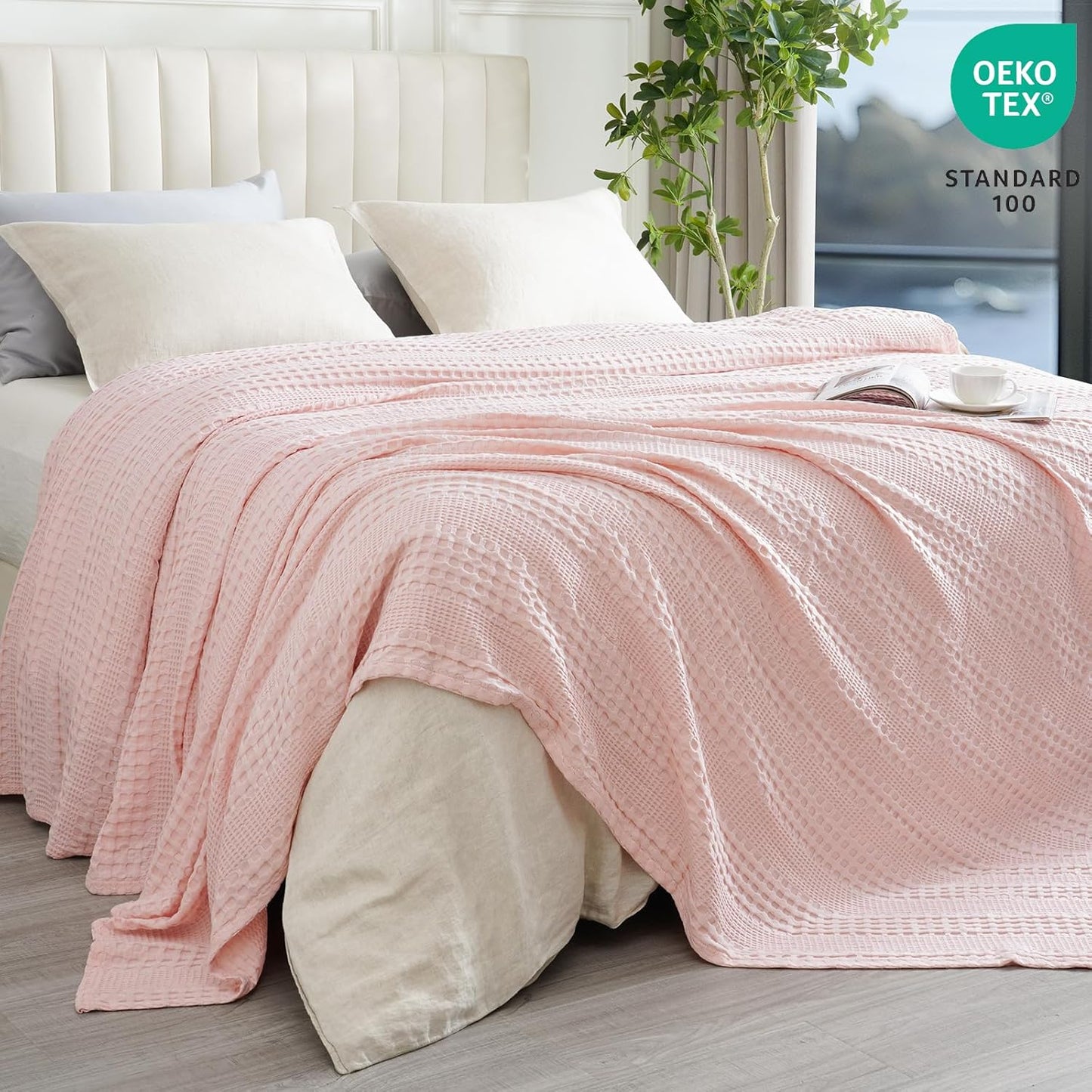 PHF Cooling Waffle Blanket Queen Size, Lightweight 60% Rayon from Bamboo & 40% Cotton Breathable Blanket for Hot Sleepers, Summer Use, Soft Luxury for Bed Couch Sofa, 90"x90", Pink