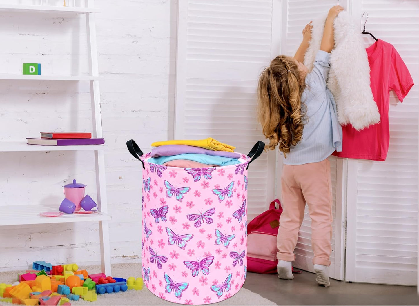 Round Butterfly Pattern Laundry Hamper Storage Basket Fabric Material Storage Hamper Organization Basket, Storage Bin, Gift Box with Handles for Room
