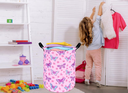 Round Butterfly Pattern Laundry Hamper Storage Basket Fabric Material Storage Hamper Organization Basket, Storage Bin, Gift Box with Handles for Room