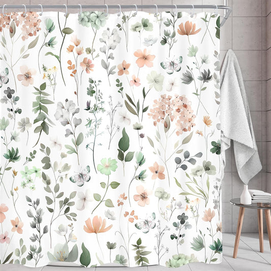 AMBZEK Cute Green Pink Floral Shower Curtain, Spring Watercolor Wildflower Boho Design,Funky Cottagecore Plants Artwork Fabric, Waterproof Polyester Bathroom Decor Set with 12 Hooks, 72" W x 72" L