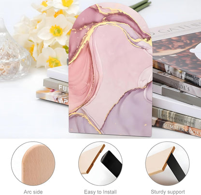 2PCS Pink Wood Bookends for Shelves, Glitter Rose Gold Pink Marble Book Ends Book Stand Supports for Home Office School Study Room Girl Desk Shelves Decor - 1 Pair