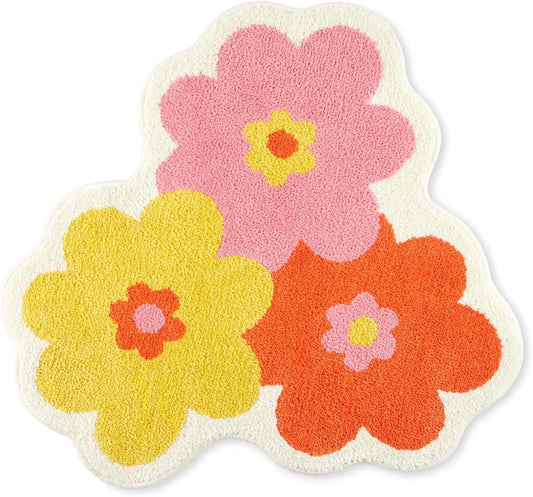 TOWN & COUNTRY PLAY Blossom Retro Daisy Flower Shaped Bath Mat, Absorbent Tufted Floor Mat, Non-Slip Backing, Machine Washable, Pink/Orange/Yellow, 31.5"x31.5"