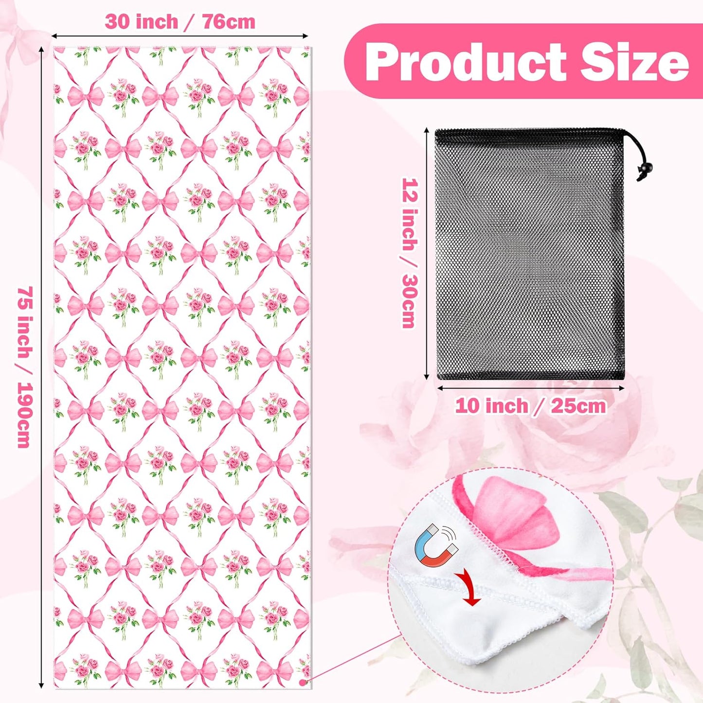 Coquette Pink Bow Rose Magnetic Beach Towel - 74.8"x30" Sand Free Quick Dry Microfiber Towel with Built-in Magnets Lightweight for Beach Chair Car Door Pool Travel Yoga with Storage Bag