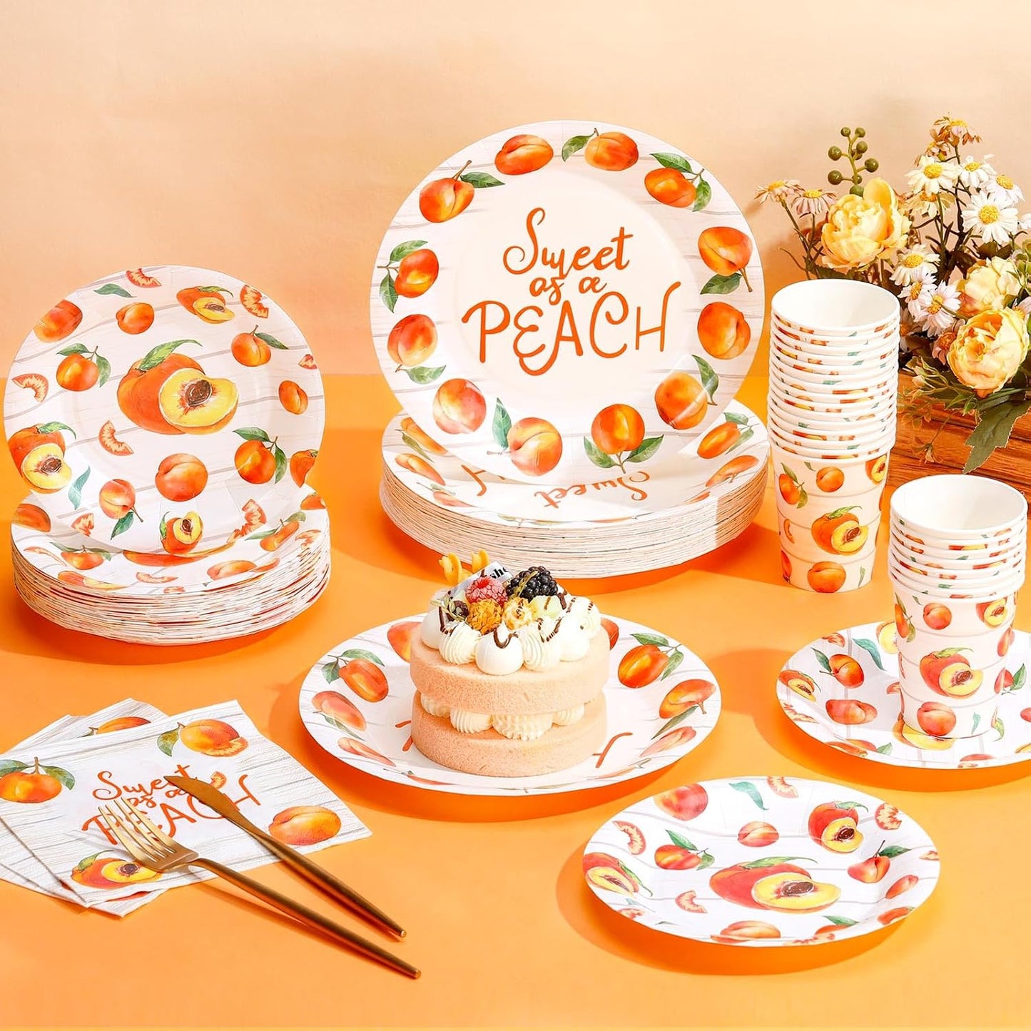 Domensi 250 Pcs Sweet As A Peach Baby Shower Party Decorations for Girls Disposable Paper Plates Napkins Cups Tableware Set for 50 Guests Peach Bride Shower Supplies for Weeding Birthday Party