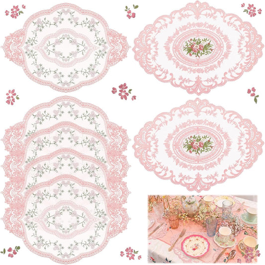Mixweer 10 Pcs Pink Lace Placemats Oval Vintage Lace Doilies French Table Decor Crochet Handmade Embroidered Doilies for Wedding Tea Party Retro Floral Placemat Cup Mat Table Runner Fit Home Furniture