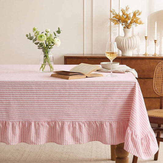 Moukeren 60 x 120 in Farmhouse Ruffle Striped Tablecloth, 100% Cotton Retro Washed Vintage Table Cover for Rectangle Dining Table, Decorative Rustic Tablecloth for Kitchen Party Wedding(Pink)