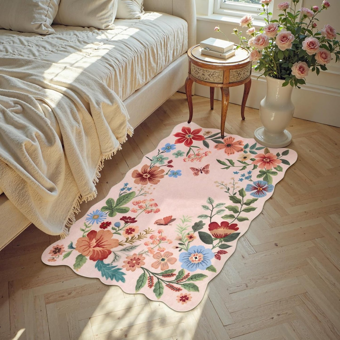 Lahome Floral Pink Rugs for Entryway, 2X3 Washable Kitchen Rug Non Slip, Ultra-Thin Indoor Door Mat Stain Resistant Boho Small Carpet for Bathroom Bedroom Flore (2x3ft,Light Pink)