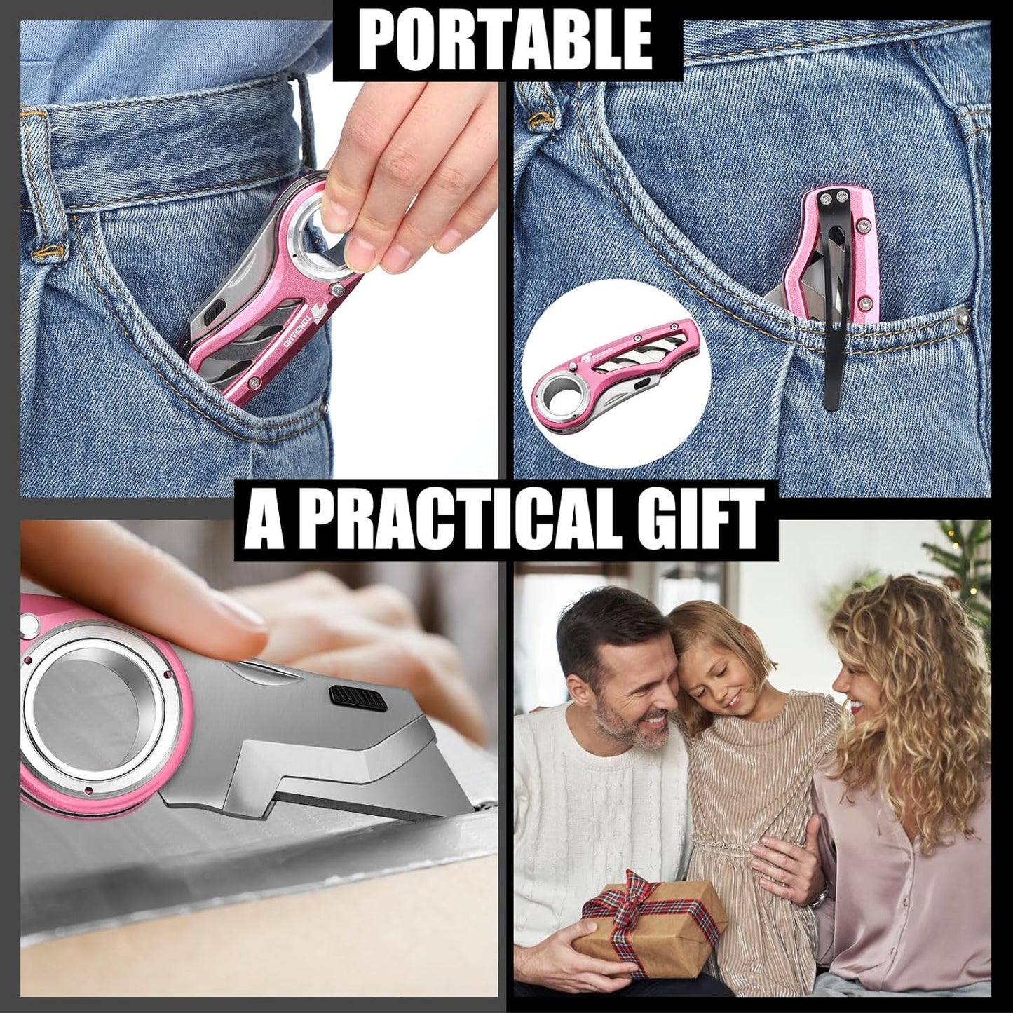 Tondiamo 2 Pcs Folding Pocket Utility Knife Heavy Duty Box Cutter Folding Razor Knife with Anti Slip Finger Loop Easy Change Blades 3 Lock Positions Design (Pink)