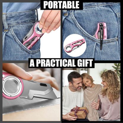 Tondiamo 2 Pcs Folding Pocket Utility Knife Heavy Duty Box Cutter Folding Razor Knife with Anti Slip Finger Loop Easy Change Blades 3 Lock Positions Design (Pink)
