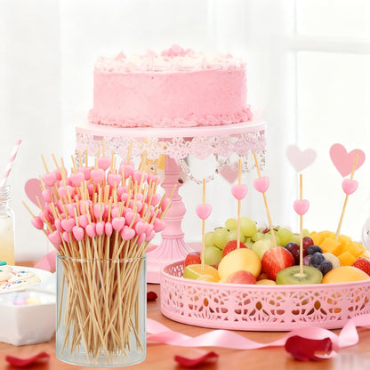 200PCS Pink Heart Cocktail Picks 4.7" Long Heart Shaped Bamboo Toothpicks for Appetizers Fruit Valentines Natural Bamboo Food Stick Skewer for Valentines Day Birthday Wedding Decoration Party Supplies